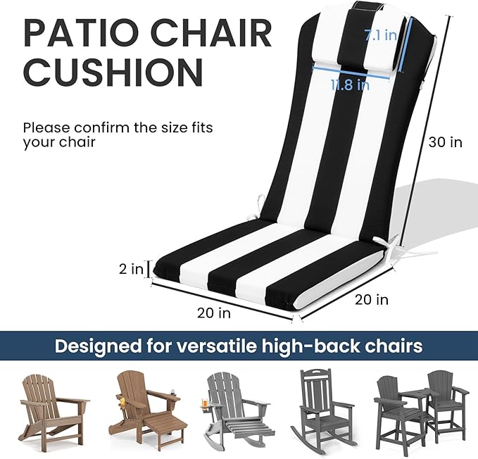 Crestlive 50x20 Inch Adirondack Chair Cushion with Headrest, Water Repellent, Fade Resistant, High Back Outdoor Rocking Chair Cushion for Patio, Black White Stripe