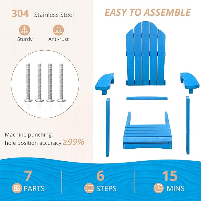 LUE BONA Kids Blue HDPS Adirondack Chair, Weather Resistant, Low Maintenance, Easy to Assemble, for Fire Pit, Balcony, Backyard