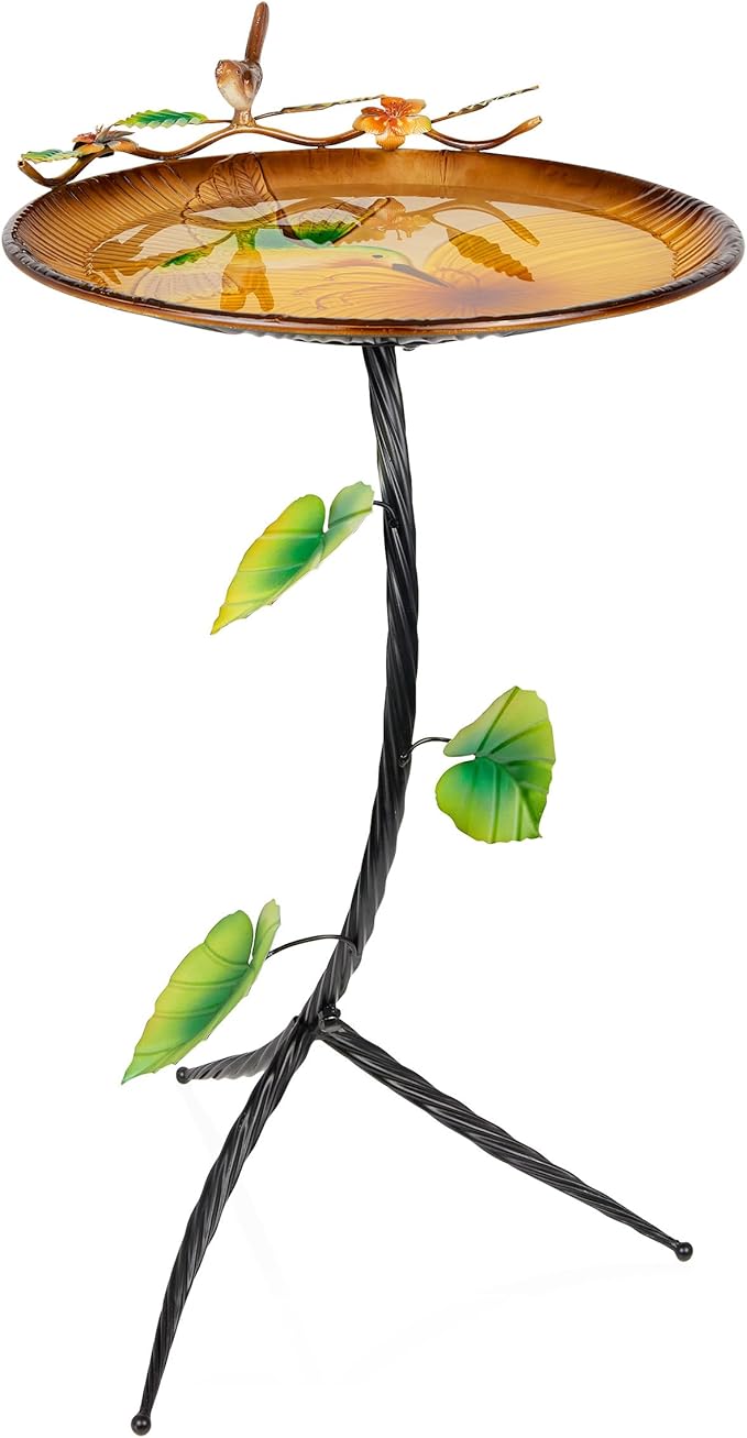 Alpine Corporation 32" H Outdoor Metal Birdbath w/Stylish Stand, Hummingbird Birdbath Bowl and Stand Set, Yellow/Gray
