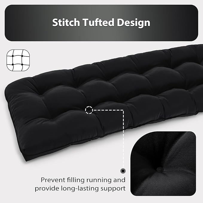 Tufted Bench Cushions for Outdoor Furniture, 59" x 18" Porch Swing Cushions Filled with Foam, Overstuffed Patio Cushions for Bench Loveseat with 2-3 Seats,Thick and Water Resistant, Black