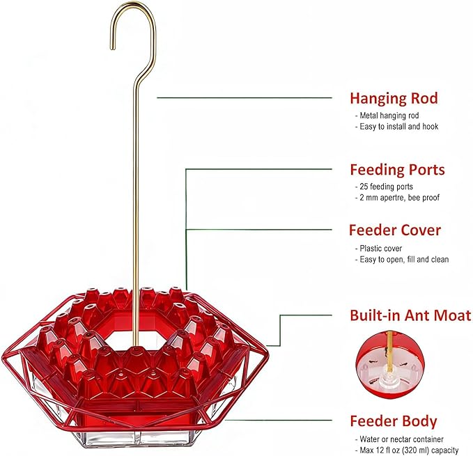 Hummingbird Feeder with Ant-Proof Moat Hummingbird Feeder, Easy to Clean and Refill Includes Hanging Hook, Features 30 Feeding Ports (Red 1PCS)