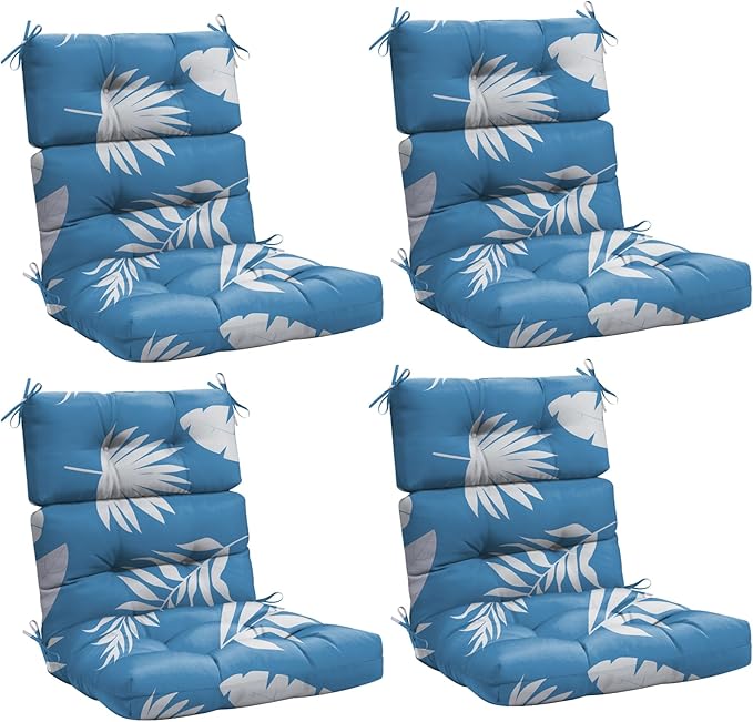 4 Pack Rocking Chair Cushion, Waterproof Chairs Cushions for Adirondack Chairs Patio Chair High Back Thicked Cushions Outdoor and Indoor with Ties，Blue Leaf
