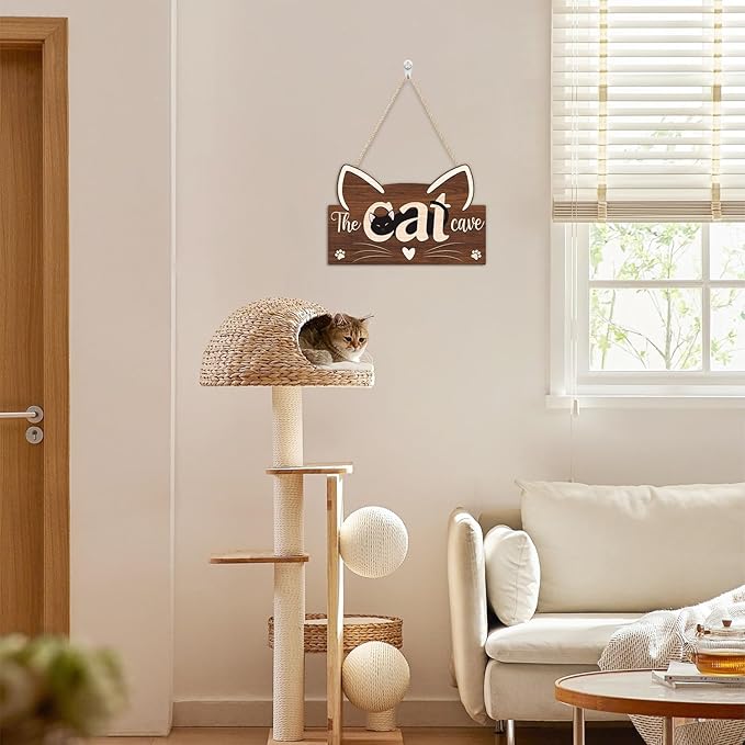 HLNIUC Funny Black Cat Door Sign(11”x7”),Cute Pat Welcome Wall Decor,The Cat Cave Hanging Decoration for Front Door,Housewarming Gift Wall Sign for Pat Lovers,Cats Welcome People Tolerated Plaque