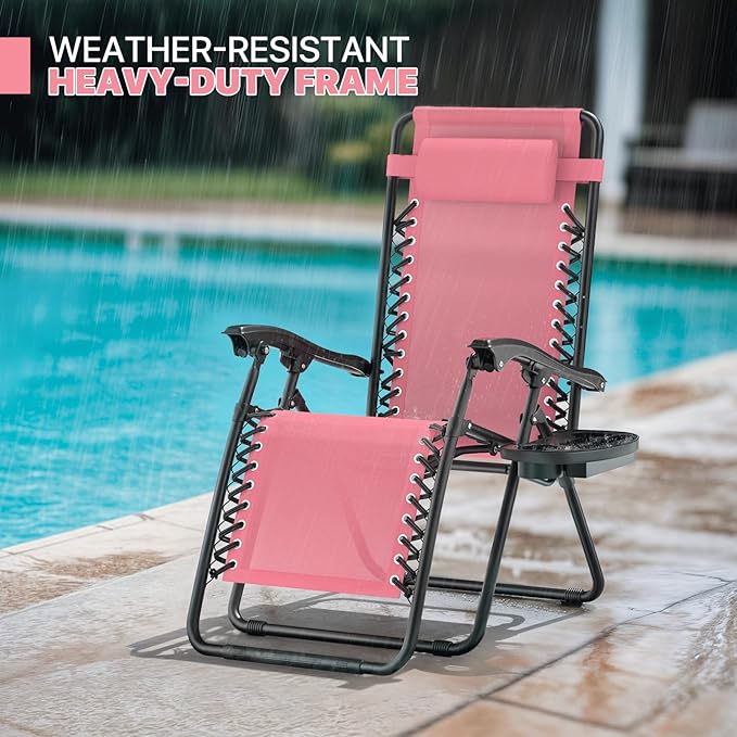 Magshion Zero Gravity Lounge Chairs Set of 2, Outdoor Patio Reclining Chair with Side Tray, Adjustable Anti-Gravity Recliners with Pillow Headrest, Folding Lounger for Lawn Camping Beach, Pink