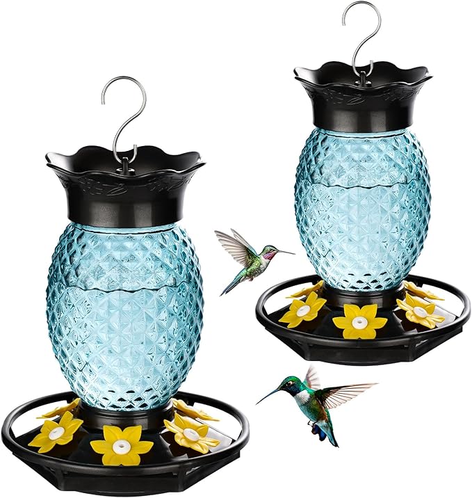 Glass Hummingbird Feeders for Outdoors Hanging Ant and Bee Proof 16OZ 2 Pack Blue Pineapple Humming Bird Feeder with 6 Feeding Ports and Ant Moat Hummingbird Gifts for Women Garden Decor