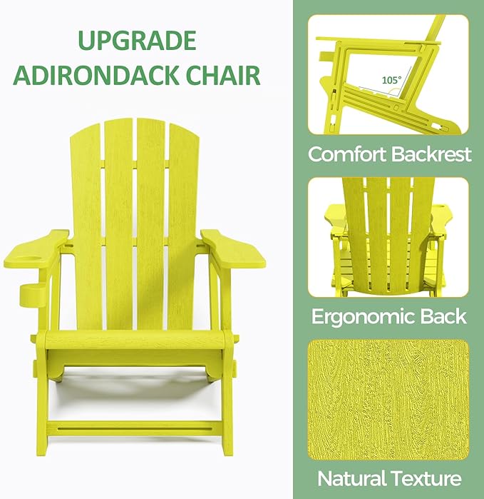 Adirondack Chair，Plastic Outdoor Chairs Without Screws Install，Patio Adirondack with Cup Holder，400 LBS Capacity Recliner Chair Garden Chair for Backyard Lawn Beach Yellow
