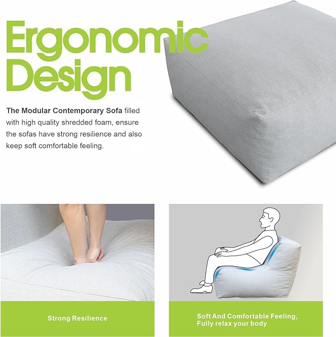 Patio Ottoman, Outdoor Coffee Table Bean Bag Chair, Daybed Sofa Comfy Couch, Modular Patio Sectional Sofa, Water-Resistant Olefin Fabric, High-Density Foam Filled, Comfy Lounge Seat, Light Gray