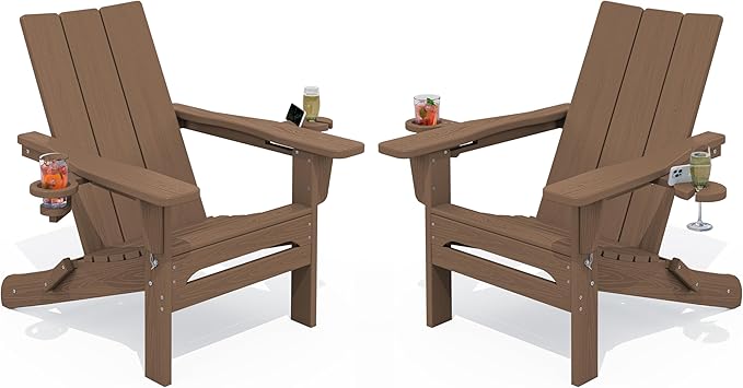 SERWALL Modern Adirondack Chair Set of 2, Folding Adirondack Chair with Cup Holders, Outdoor HDPE Fire Pit Chairs for All Weather Use, Brown