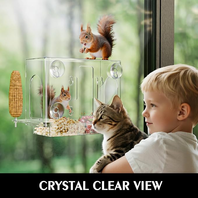 Window Squirrel Feeder for Outside – 3 Mounting Options (Screw/Strap/Suction) which Easy to Install, Weatherproof Squirrel House, No Assembly Required – Ideal Backyard Gift for Father Mother Parent