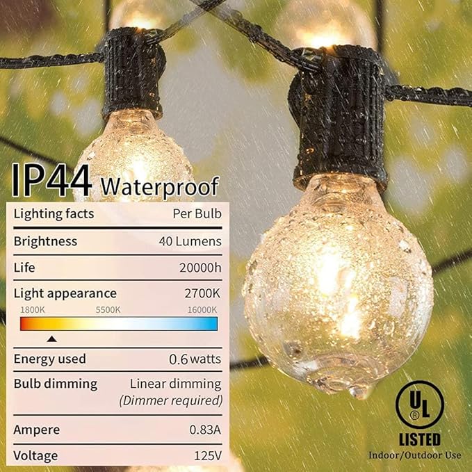 GOOTHY 50Ft G40 LED Outdoor String Lights, Waterproof with 52 Shatterproof Globe Bulbs, Hanging Backyard Lights for Party Cafe Balcony Porch Commercial Decorations - Black