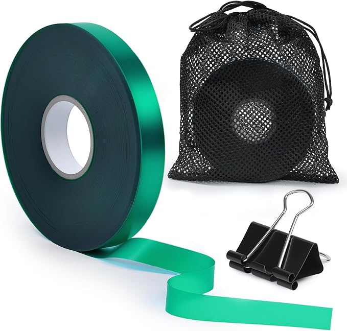 Plant Tie Tape 0.5" × 197 ft – Non-Adhesive Stretch PVC, Cut-to-Length, Weather-Resistant & Reusable Garden Tape for Vines, Tomatoes & Trees, Includes Binder Clip & Mesh Bag