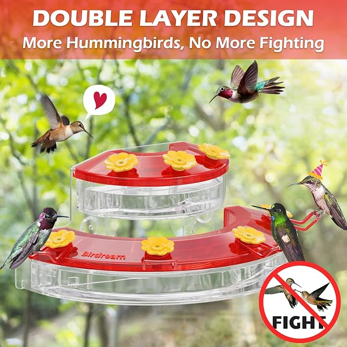 Birdream 2 Pack Window Hummingbird Feeders for Outdoors, with Strong Suction Cups & 7 Feeding Ports, Easy to Refill and Maintain, Gift for Bird Lover, Plastic Bird Feeder, 10oz Per Pack - Red