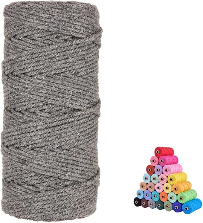 flipped 100% Natural Macrame Cotton Cord,3mm x109 Yard Twine String Cord Colored Cotton Rope Craft Cord for DIY Crafts Knitting Plant Hangers Christmas Wedding Décor (Gray, 3mm*109yards)