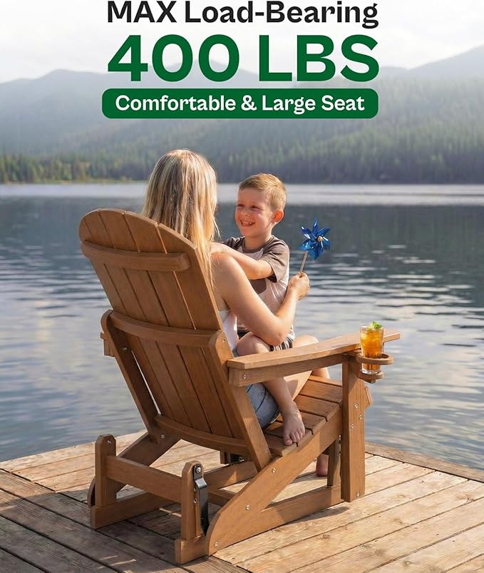 3-Position Adjustable Adirondack Chair with Cup Holder Set of 4, HDPE All-Weather Outdoor Glider Chair, Wood-Grain Fire Pit Chairs for Pool, Yard, Deck (Rustic Teak)
