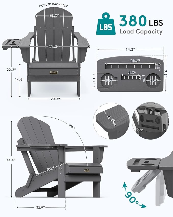 SERWALL Folding Adirondack Chair Set of 2, HIPS Adirondack Chairs with 4 in 1 Multi-Functional Cup Holder, Weather Resistant Plastic Chairs for Patio Garden Outdoors Fire Pit- Gray