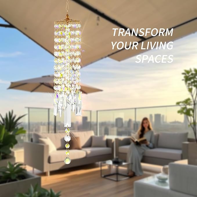 Crystal Wind Chimes for Outside with Rainbow Light Reflections Glass Bells and Rose Gold Alloy Hooks Indoor Outdoor Decor for Home Garden Patio Porch Birthday House Warming (Colorful)