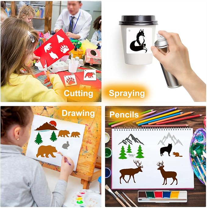 Small Stencils for Painting on Wood Burning Reusable, 3 Inch Reusable Stencil for Craft Ornament Paint Template Stencils for Wall Card Rock Wood Signs Coasters Canvas Home Decor (Animal Wildlife)