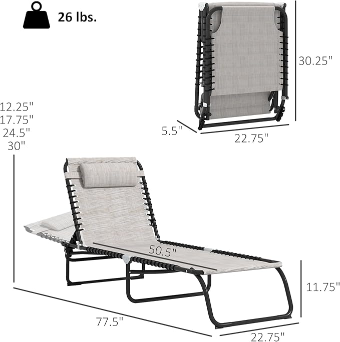 Outsunny Folding Chaise Lounge Chair Set of 2, Patio Sun Tanning Chair, Outdoor Chaise Lounger with 4-Position Reclining Back, Breathable Mesh Seat for Beach, Poolside, Cream