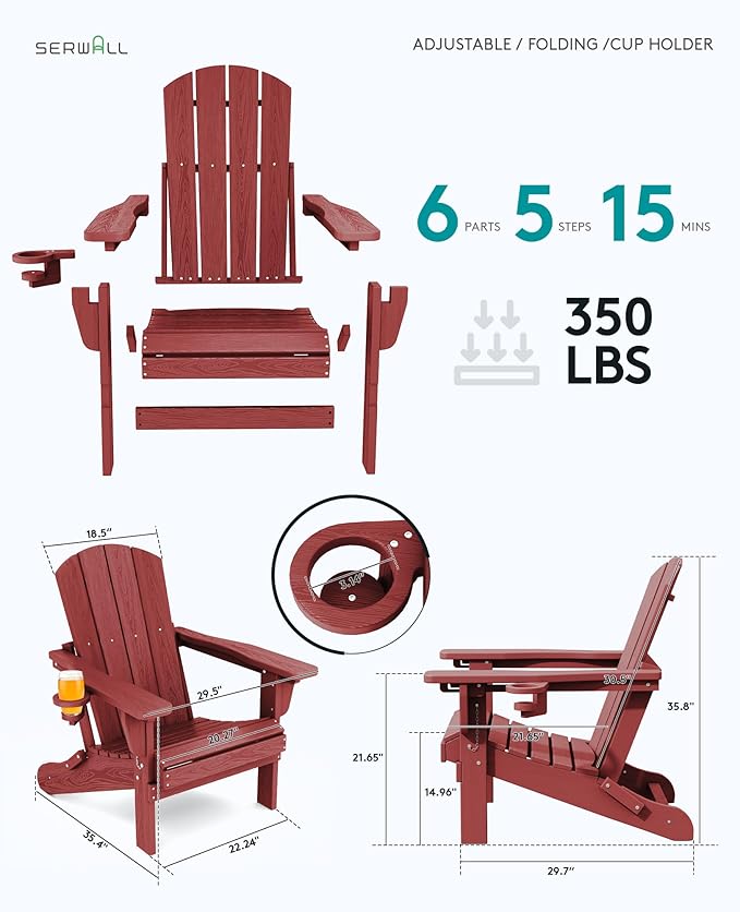 SERWALL HDPE Adirondack Chair Set of 4, Adjustable Adirondack Chair with 3 Recline Positions, Outdoor Adirondack with Cup Holders, Red