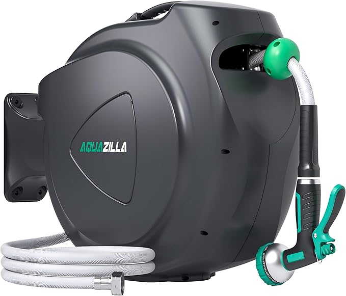 Retractable Garden Hose Reel - 1/2 in x 120 ft Automatic Wall Mount Heavy Duty Automatic Water Hose Reel with 9 Patterns Nozzle, Kink-Resistant Hose, 180° Swivel, Auto-Lock for Outdoor Watering