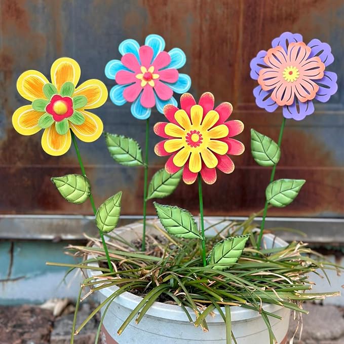 Metal Flowers for Outside,4 Pack 16.33" Decorative Garden Stakes with Swaying Flowers Head Yard Art,Spring Garden Decor for Lawn, Pathway & Yard
