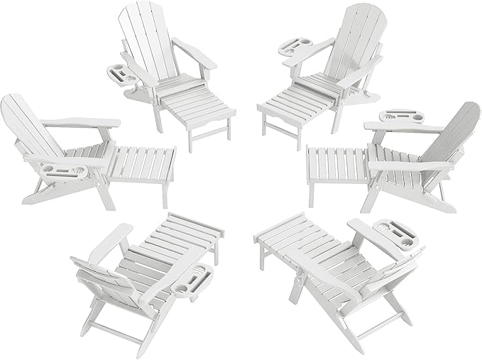 Adjustable Adirondack Chair with Retractable Ottoman Set of 6, HDPE Folding Adirondack Chair with Cup Holder, All Weather Fire Pit Chair for Outdoor.