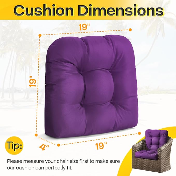 MAGIC ELEPHANT Outdoor Chair Cushions Set of 2, Memory Foam Seat Cushion Pads for Wicker Chair and Patio Furniture, 19 x 19 Inches (Purple)