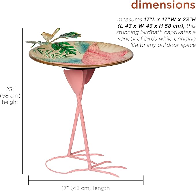 Alpine Corporation ORS876 Outdoor Metal Birdbath w/ Stylish Stand, Flamingo Pattern Birdbath Bowl and Stand, 23"H, Pink/Blue