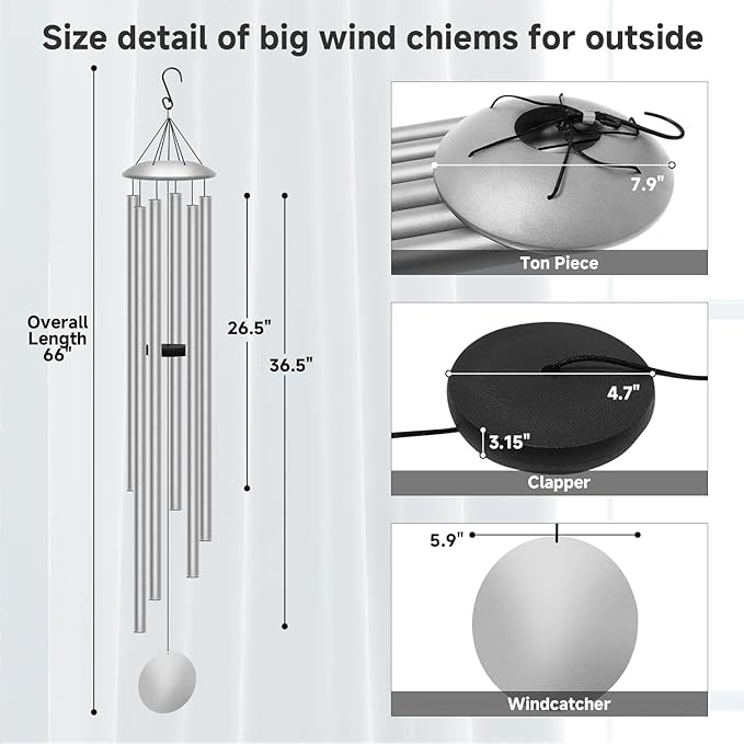 66" Extra Large Wind Chimes for Outside Deep Tone, 6 Thick and Bold Aluminum Tubes Tuned Relaxing Melody Wind Chime, Big Wind Chimes for Garden Patio Decor, Great Gift Idea for Mother's Day (Silver)