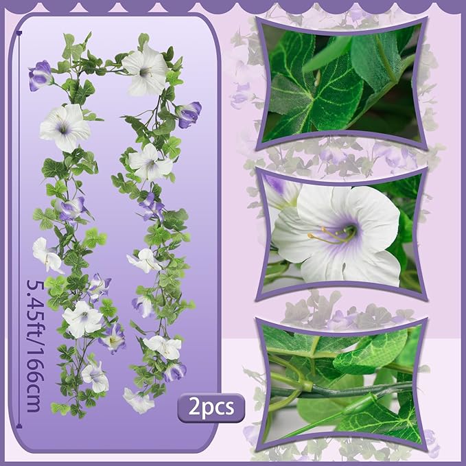 2 Pcs Artificial Flowers Vines Garland Purple Petunias Silk Spring Flowers Garland for Mantle 11 FT Fake Morning Glory Hanging Vines Plants for Outdoors Wall Fence Indoor Wedding Banquet Decor
