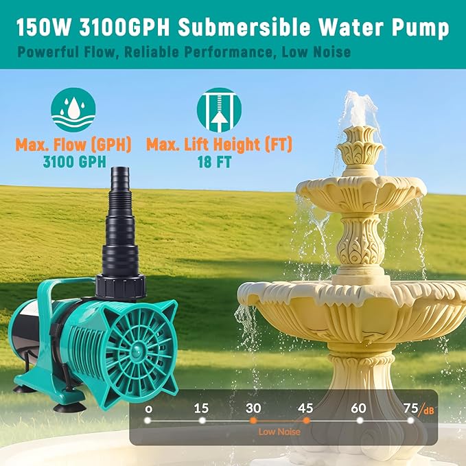 150W 3100GPH Submersible Pond Pump, Ultra Quiet & Energy Efficient Water Pump, 20FT Cord, 18FT Lift, Multi-Angle Nozzle for Koi Pond, Fountain, Waterfall, Aquarium, Garden Use, UL Listed