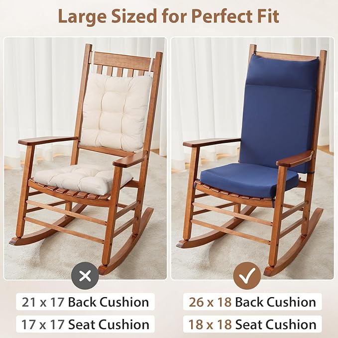 Waterproof Rocking Chair Cushions Outdoor & Indoor, Wooden Rocking Chair Pads set of 2, Non-Slip Large Glider Rocker Replacement Cushions with Pillow & Ties,Seat & Back Cushion for Rocker Blue