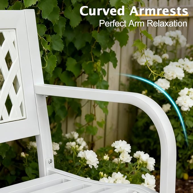 Outvita Outdoor Bench, 47" Iron Steel Frame Garden Bench with Mesh Pattern and Plastic Backrest Armrests, Patio Bench for Garden Park Yard Front Porch Patio, White