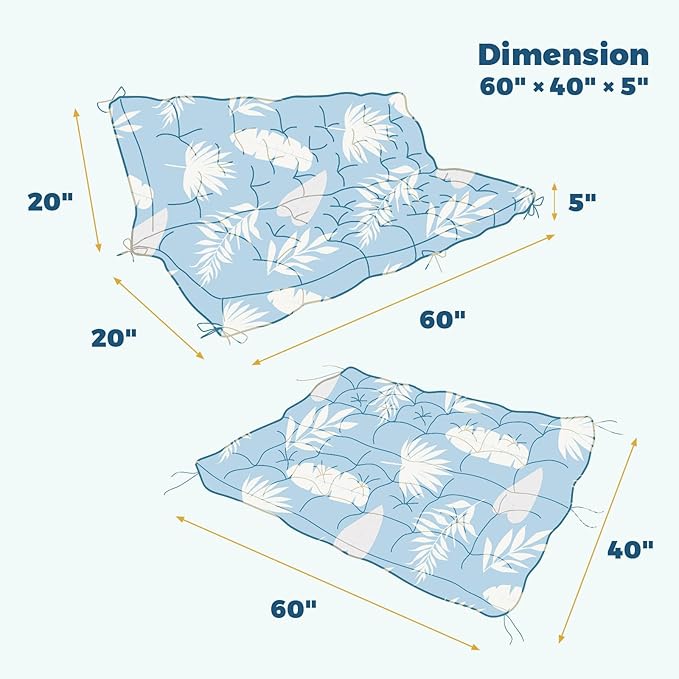 Porch Swing Cushions, Waterproof Patio Swing Cushions for Outdoor Furniture Thickened Outdoor Swing Bench Cushions 2-3 Seater Replacement with Ties for Patio Swing (Blue Leaf, 60x40 Inch)