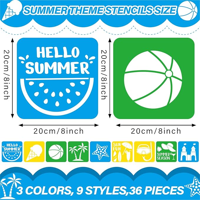 36pcs Summer Beach Drawing Stencils for Kids 8 Inch Sidewalk Chalk Stencils Painting Large Washable Reusable Tropical Palm Tree Themed Primary Shape Template for Kids Toddlers Preschool