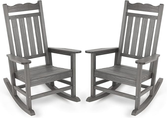 Stoog Outdoor & Indoor Rocking Chairs Set of 2, All-Weather Porch Rocker with High Back, 400 lbs Support Front Porch Rocker Chairs, Easy to Maintain, Grey