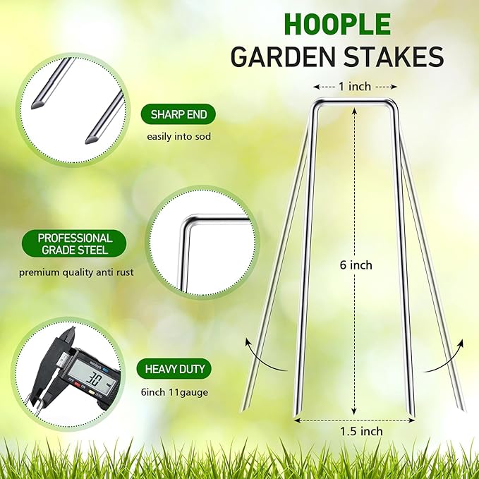 HOOPLE 6 Inch 11 Gauge Galvanized Landscape Staples,Stakes for Outdoor Decorations, Anti-Rust Staples for Weed Barrier Fabric, U-Shaped Tent Stakes (50)