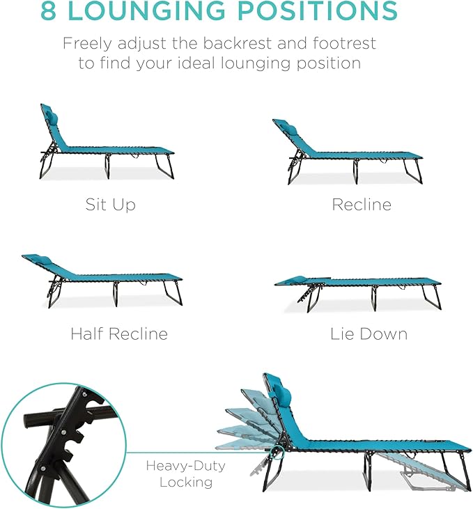 Best Choice Products Patio Chaise Lounge Chair, Portable Outdoor Folding Recliner for Lawn, w/ 8 Positions, Handles, 300lb Capacity - Peacock