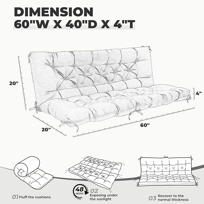 Porch Swing Cushions, Waterproof Swing Cushions Replacement with Backrest, Outdoor Swing Bench Cushions 2-3 Seater Replacement for Patio Furniture 60x40 (Gray)
