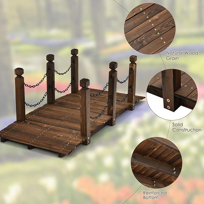 HAPPYGRILL 5FT Wooden Bridge with Safe Chain Railings, Outdoor Small Arc Pond Bridge, Decorative Fir Bridge for Landscaping Garden Pond Stream Courtyard