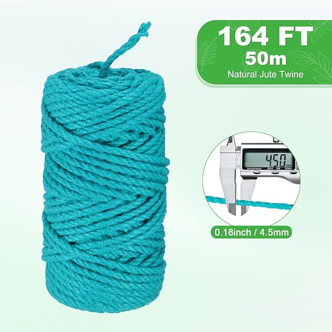 1-Pack Natural Jute Twine String, 4.5mm x 164ft/50m Long Garden Twine String for Crafts/Gift Wrapping/Gardening Plants, Durable Plant Ties Thick Rope [Lake Blue]