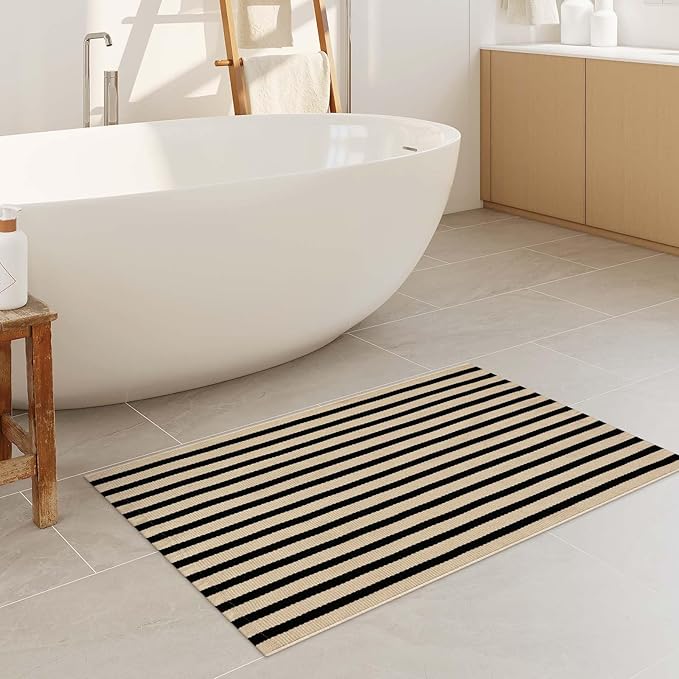 Black and Tan Outdoor Rug 24"x35", Washable Reversible Striped Front Door Mat,Cotton Hand-Woven Layered Door Mats Farmhouse Throw Rugs for Entryway Porch Decor Home Entrance