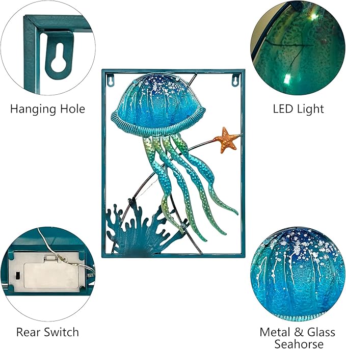 LIFFY Metal Jellyfish Wall Decor with Frame-Outdoor Wall Art,Jellyfish Wall Decor with LED Fairy Light,Glass Art Wall Sculpture, Wall Decor for Pool,Beach Wall Hanging, Home Gifts(2pcs, Blue)