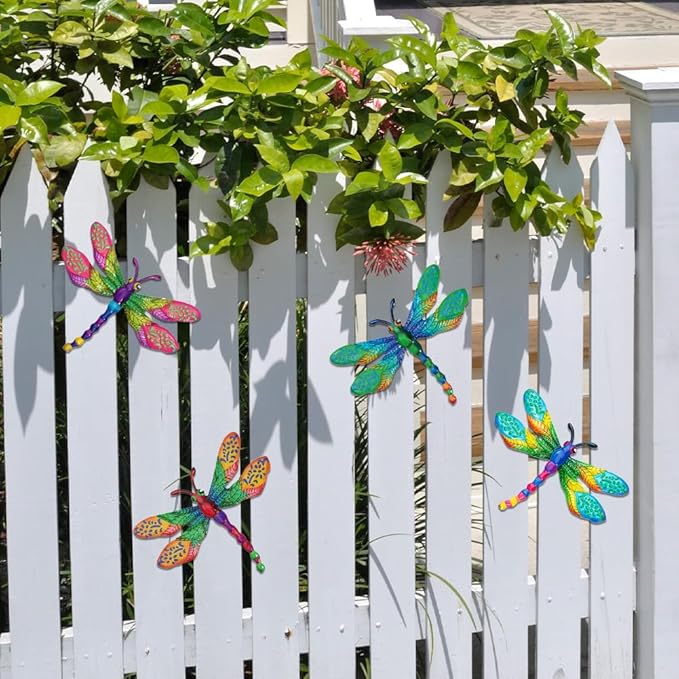 4 PCs Metal Dragonfly Wall Decor Art, Dragonflies Outdoor Wall Art with Colorful Leaves, Hand Painted Outdoor Decor for Garden Yard Fence Patio Outside Decoration