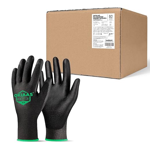 OKIAAS Work Gloves for Men，Ultra Thin and Lightweight Working Gloves with Grip, Bulk Case of 60 Pairs Construction Gloves with Polyurethane Coating, Safety Gloves for Light Duty Work (Black, Medium)