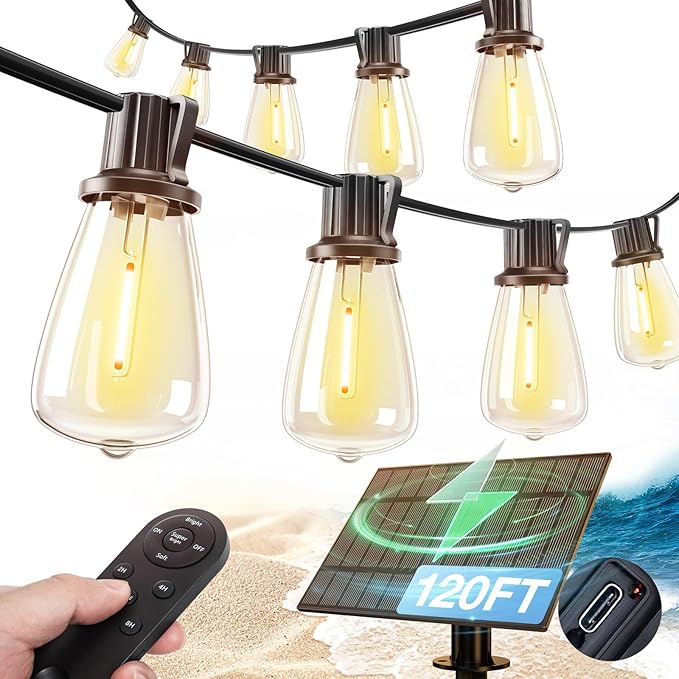addlon 120FT(114+6) Solar String Lights Outdoor, Waterproof Solar Powered Outside Lights with Remote & USB Port, ST38 LED Shatterproof Bulbs, Dimmable Solar Light for Camping Backyard Porch
