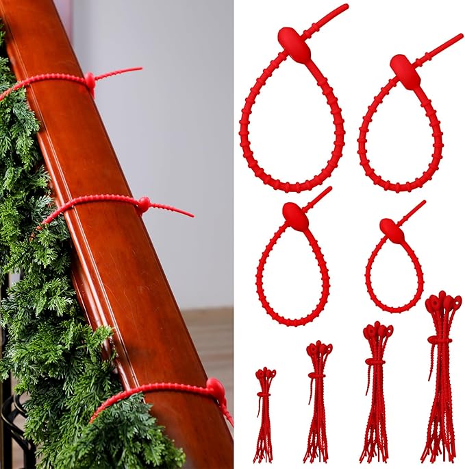 48 Pcs Red Christmas Flexible Garland Ties Assorted Size Adjustable Decorative Soft Ties Reusable Banister Garland Straps for Christmas Tree Mantel Fences Holiday Craft Wrapping