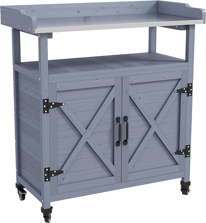 Outsunny Outdoor Wooden Potting Bench Table, Garden Workstation with Storage Cabinet, Aluminum Table Top, Rubber Wheels for Backyard, Patio, Balcony, Gray