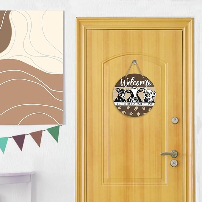 Deroro Welcome To Our Farmhouse Front Door Sign, Farm Animals Cow Pig Goat Wood Door Hanger Outdoor Outside Porch Decor, Rustic Wooden Wreath Indoor Wall Hanging Decoration