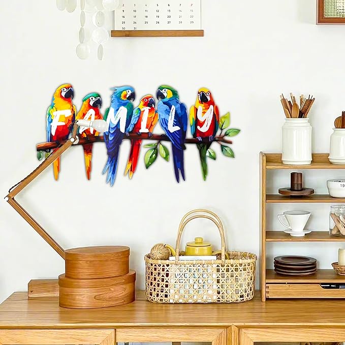 ULENDIS Metal Parrot Wall Art, Birds on Branch Wall Decor Family Sign for Front Door, Wall Hanging Decoration for Garden Living Room Balcony Patio Indoor Outdoor